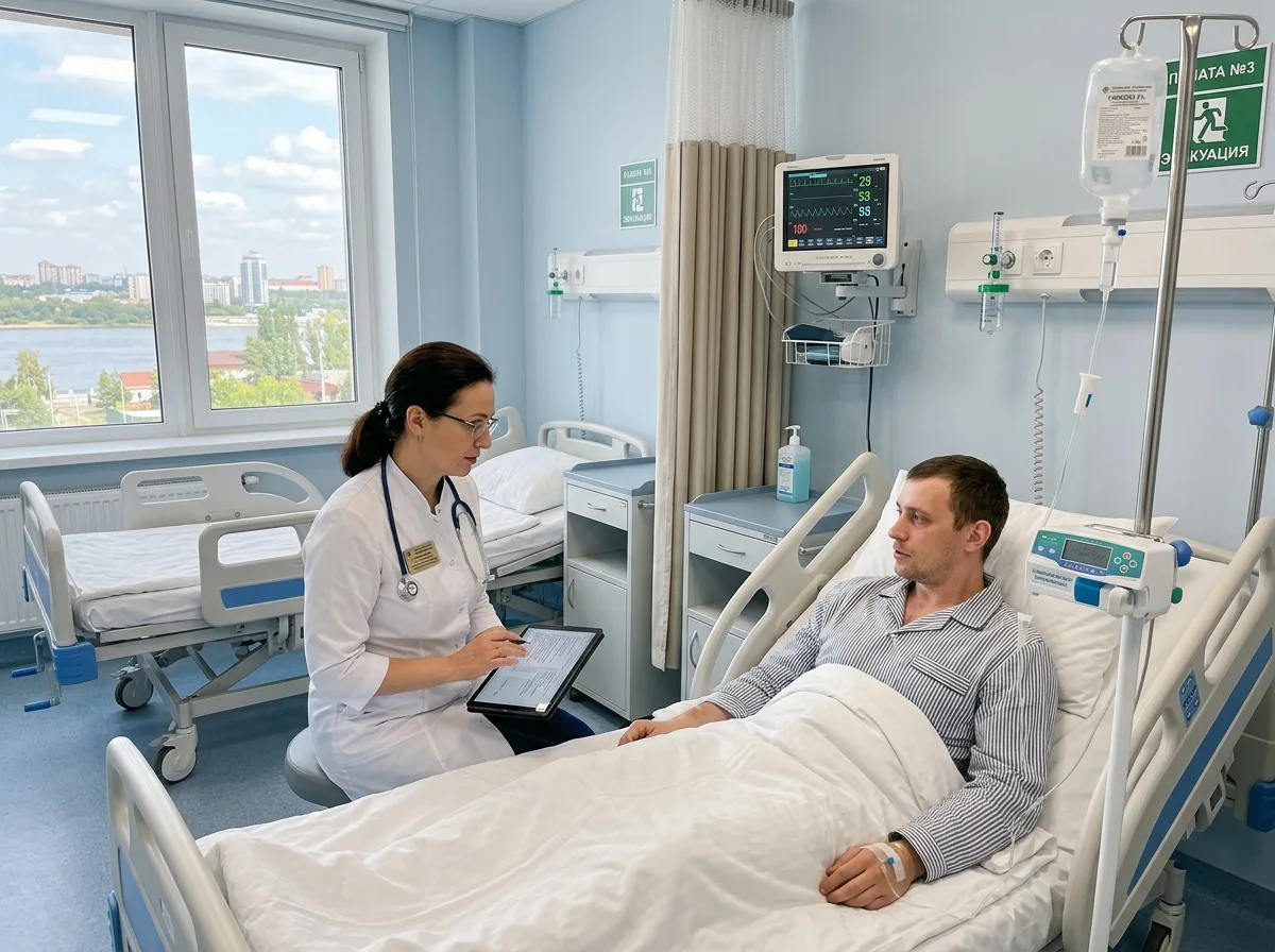 Врач-нарколог в белом халате осматривает пациента в современной палате наркологического стационара Самары, медицинское оборудование, капельница, спокойная профессиональная атмосфера