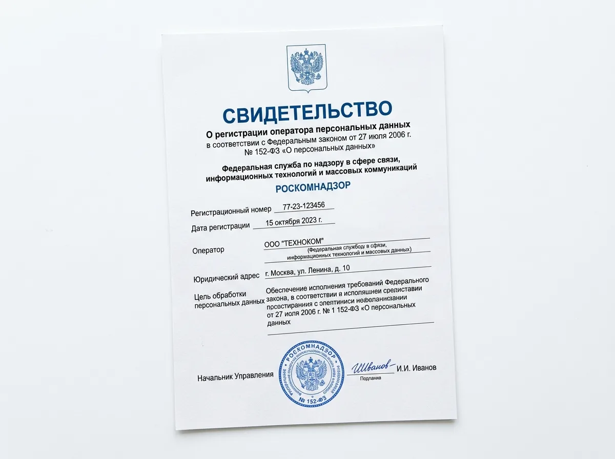 Свидетельство о регистрации оператора персональных данных в соответствии с Федеральным законом 152-ФЗ, документ Роскомнадзора на белом фоне